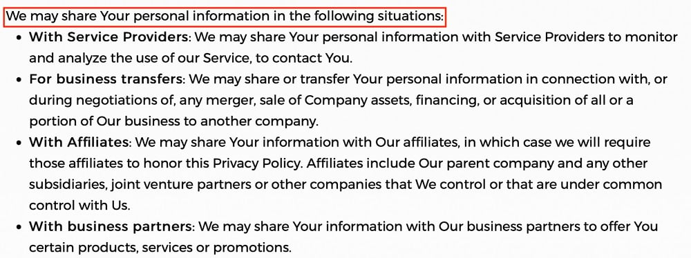 Bob and Brad Privacy Policy: When we may share personal information clause excerpt