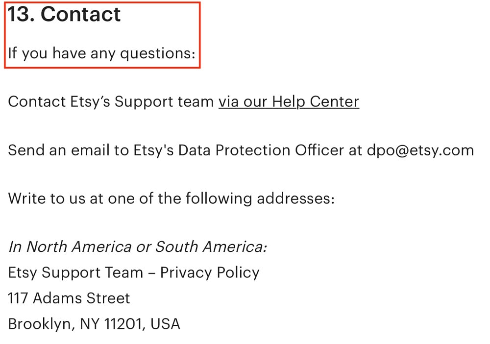 Etsy Privacy Policy: Contact clause