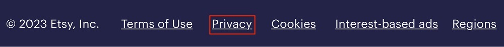 Etsy website footer with Privacy Policy link highlighted - 2023