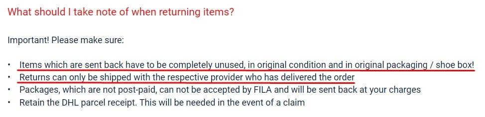 FILA German Return Policy: Return Instructions section