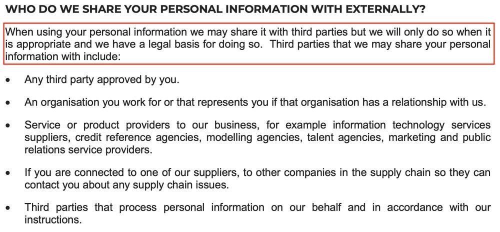 Gymshark Privacy Notice: Who Do We Share Your Personal Information with Externally clause excerpt