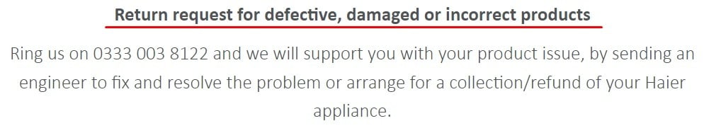 Haier Returns and Refunds Policy: Return request for defective damaged or incorrect products section