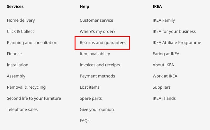 IKEA Spain website footer with Returns and Guarantees link highlighted
