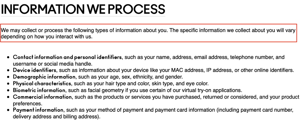 MAC Cosmetics Information We Process clause excerpt