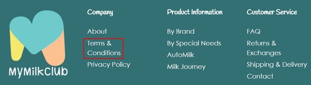 MyMilkClub website footer with Terms and Conditions link highlighted