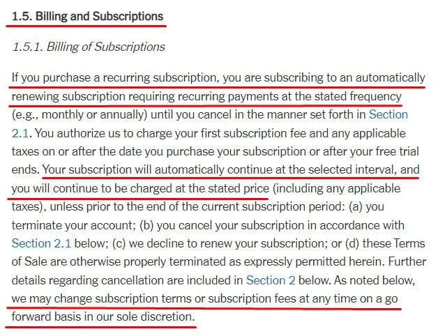 New York Times Terms of Service: Billing of Subscriptions clause