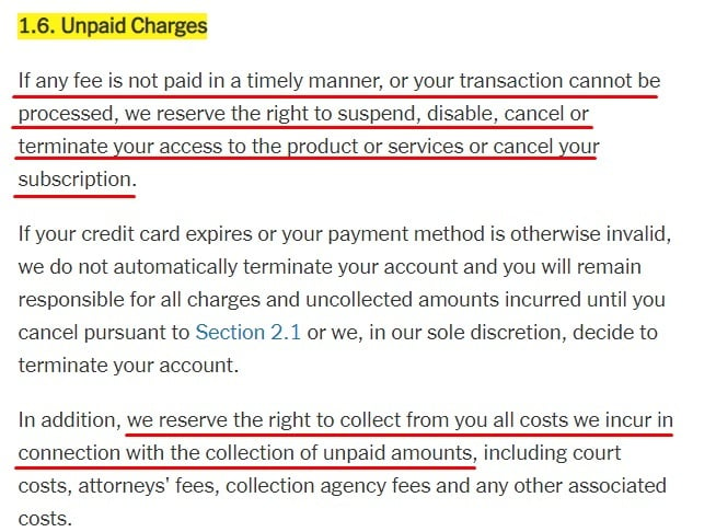 New York Times Terms of Service: Unpaid Charges clause
