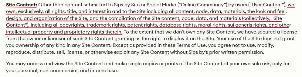 Sips by Terms of Use: Site content clause