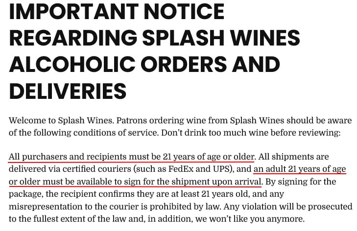 Splash Wines Terms of Service: Age requirement for delivery notice