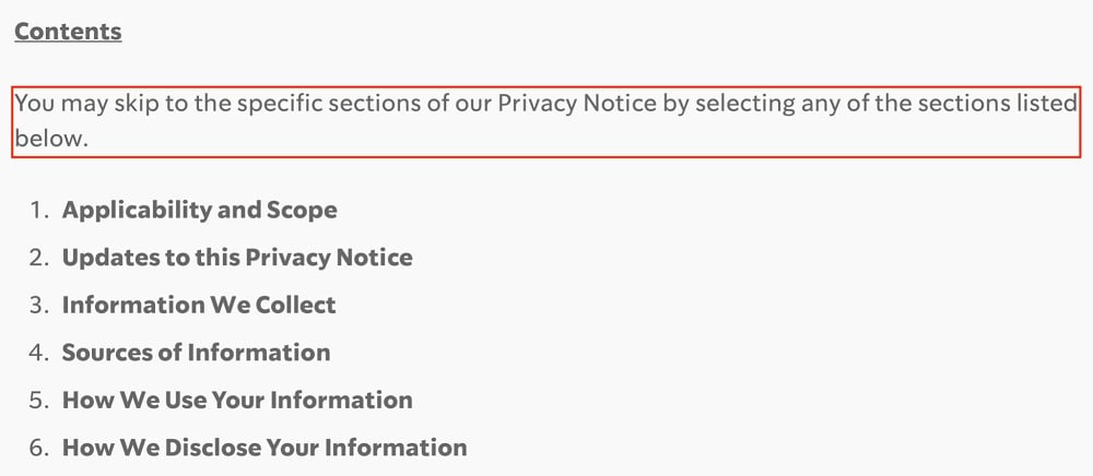 Starbucks Privacy Policy: Contents section excerpt