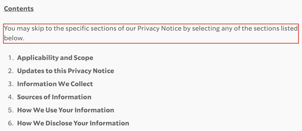 Starbucks Privacy Policy: Contents section excerpt