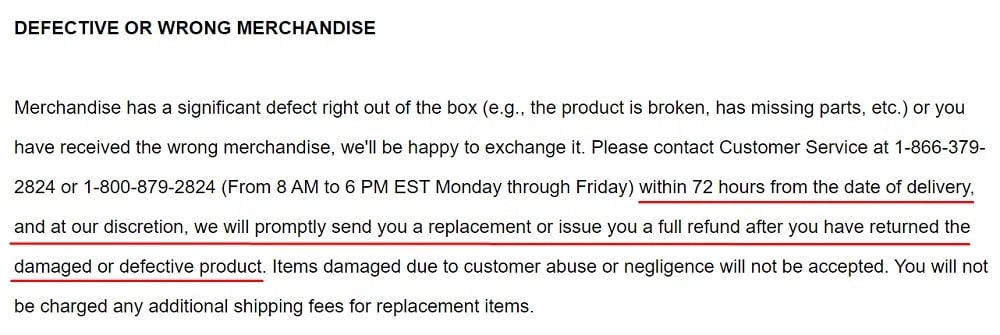 Swatch Return and Exchange Policy: Defective or Wrong Merchandise section
