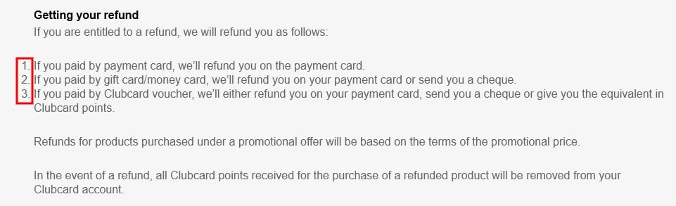 Tesco Terms and Conditions: Refund clause