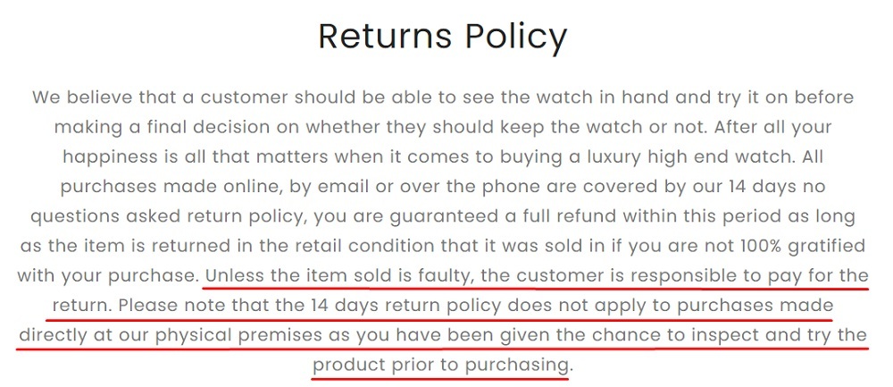 Watch Collectors Returns Policy: 14 days section highlighted