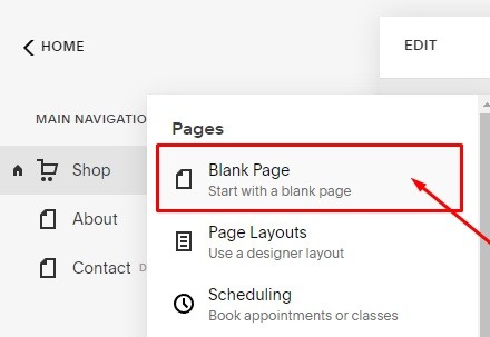 PrivacyPolicies Squarespace: Website Builder - Navigation Menu - Pages - Plus with Blank Page option highlighted