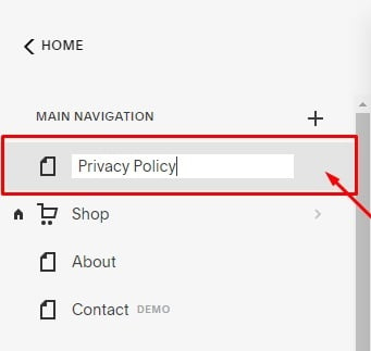 PrivacyPolicies Squarespace: Website Builder - Navigation Menu - Pages - Name New Page Privacy Policy highlighted