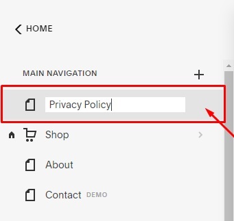 PrivacyPolicies Squarespace: Website Builder - Navigation Menu - Pages - Name New Page Privacy Policy highlighted