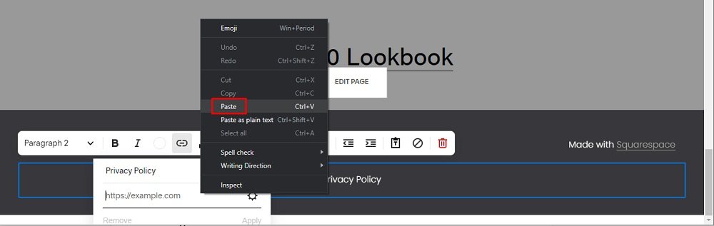 PrivacyPolicies Squarespace: Website - Edit Site Footer - The Privacy Policy Link URL with Paste option highlighted