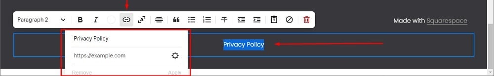 PrivacyPolicies Squarespace: Website - Edit Site Footer - The Privacy Policy Text selected and Add Link option highlighted