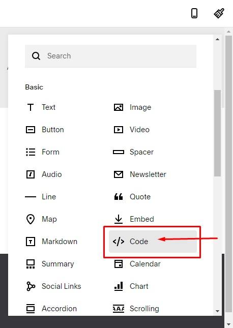 PrivacyPolicies Squarespace: Website Pages - Privacy Policy - Add Section - Code highlighted