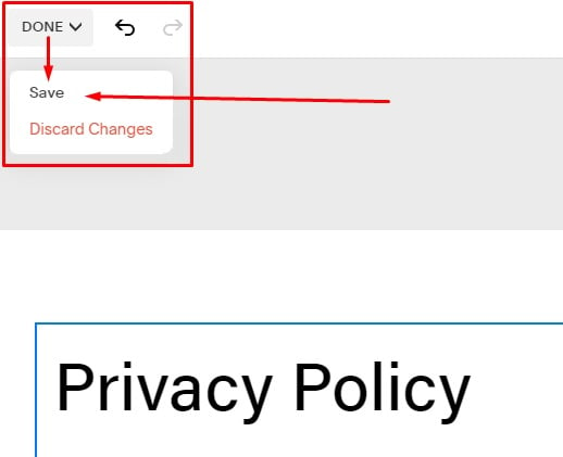 PrivacyPolicies Squarespace: Website Pages - Privacy Policy - Code added with Done and Save option highlighted