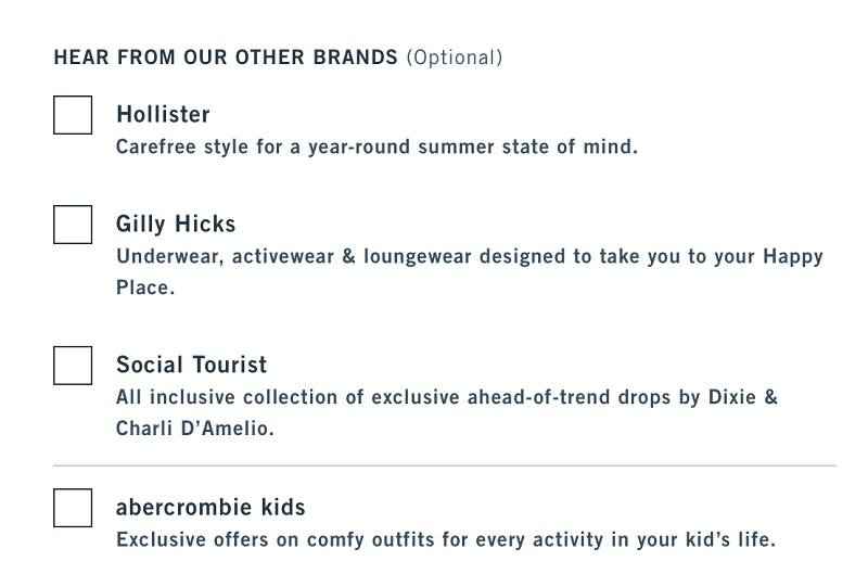 Abercrombie and Fitch email newsletter sign up with brand selection checkboxes