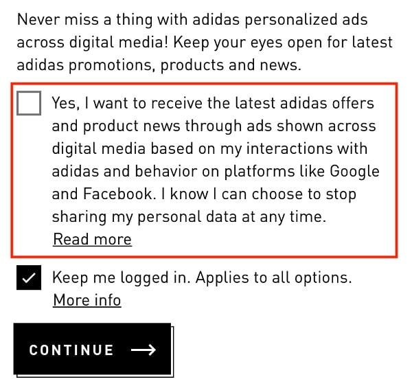 Adidas Create Account form with consent checkbox to receive email newsletter highlighted