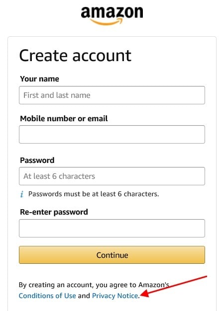 Amazon Create Account form with Privacy Notice link highlighted