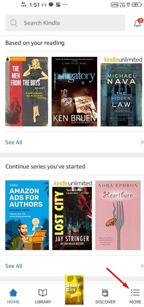 Amazon Kindle App with More menu highlighted
