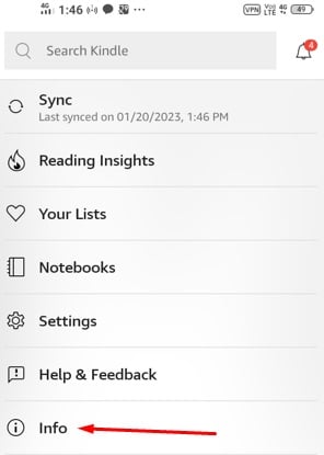 Amazon Kindle App: More menu - Info section highlighted