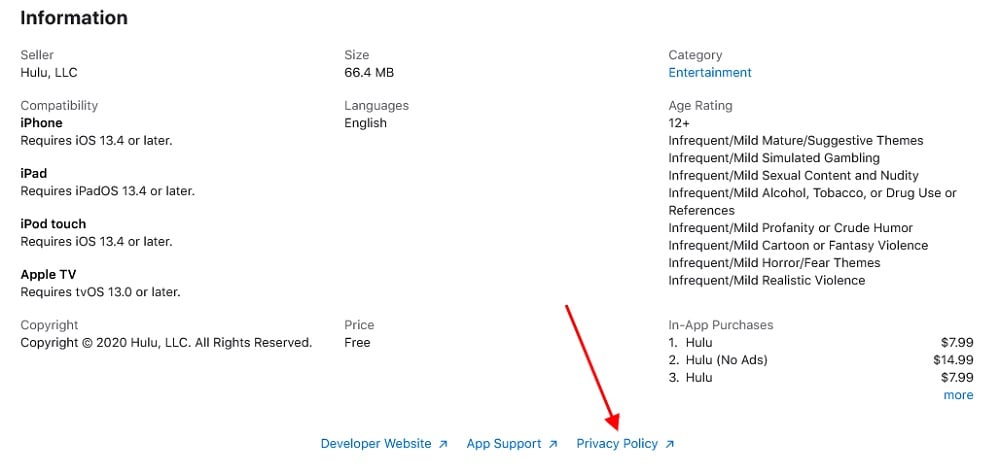Apple App Store: Hulu listing with Privacy Policy link highlighted