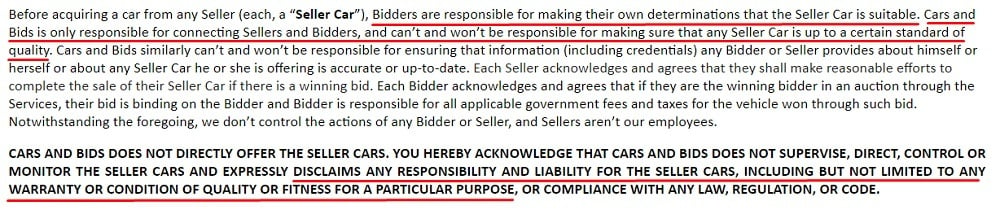 Cars and Bids Terms of Use: Warranty Disclaimer excerpt 2