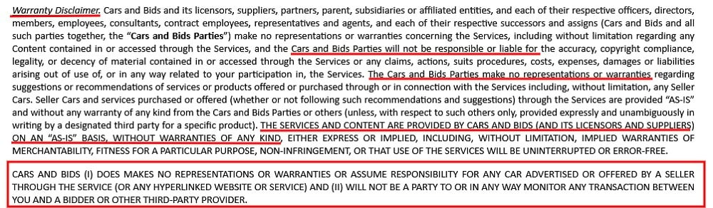 Cars and Bids Terms of Use: Warranty Disclaimer excerpt