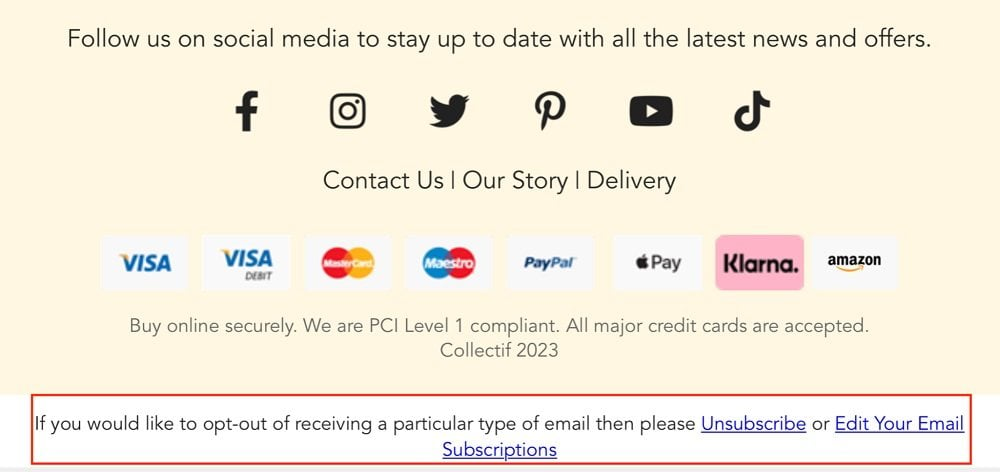 Collectif email footer with unsubscribe-edit-links-highlighted