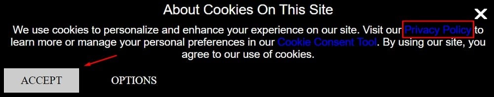 Dunlop Tires Cookie Consent Notice with Privacy Policy link highlighted