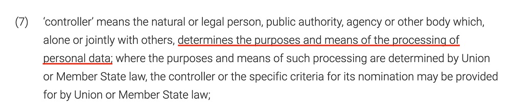 GDPR Article 4 Section 7: Definition of controller