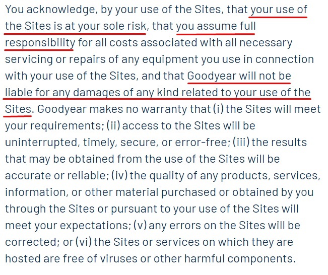 Goodyear Terms of Use: Use at your own risk disclaimer