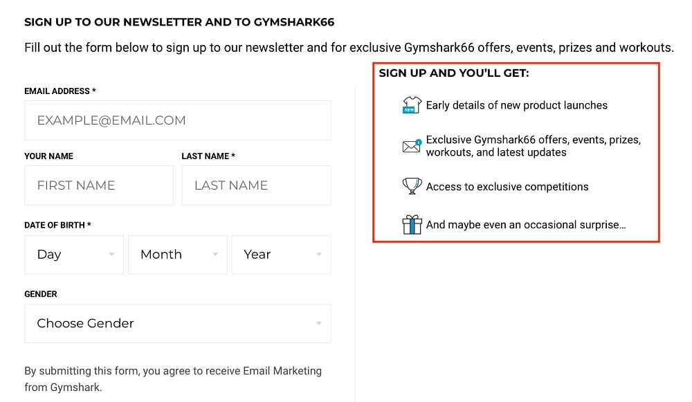 Gymshark email newsletter sign-up form