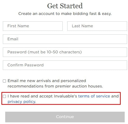 Invaluable Create Account form with Agree checkbox highlighted