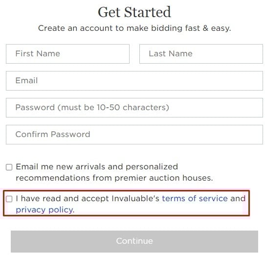 Invaluable Create Account form with Agree checkbox highlighted