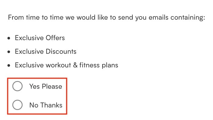 MyProtein Create Account form with consent choices for email newsletter highlighted