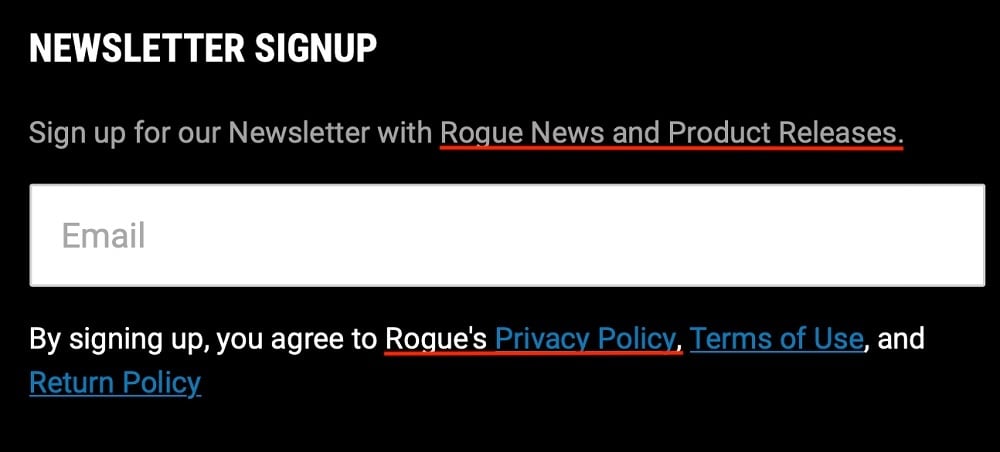 Rogue Fitness email newsletter signup form