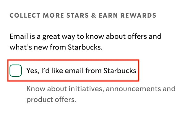 Starbucks Create Account form with consent checkbox highlighted