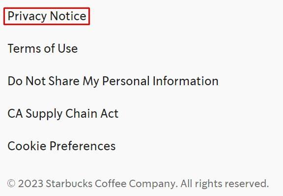Starbucks website footer with Privacy Notice link highlighted