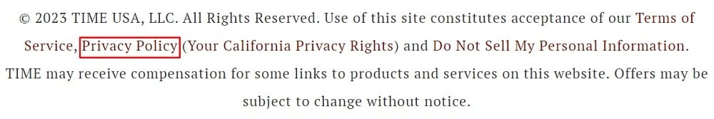 Time Magazine website footer Disclaimer with Privacy Policy link highlighted