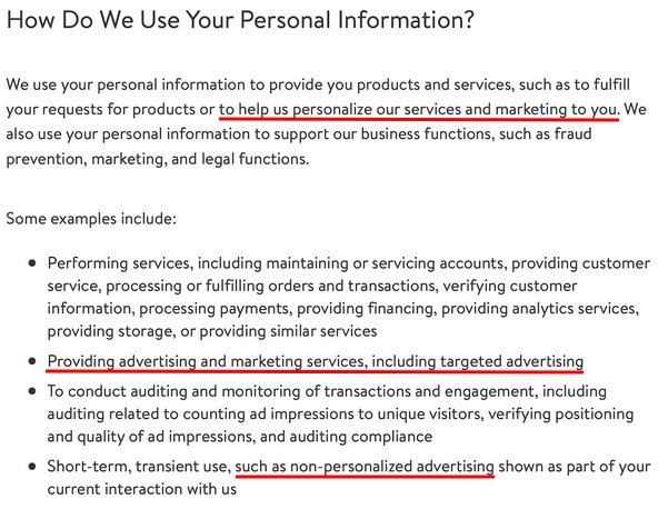 Walmart Privacy Notice: How do we use your personal information clause excerpt