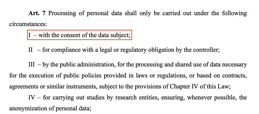 Brazil LGPD Article 7 excerpt