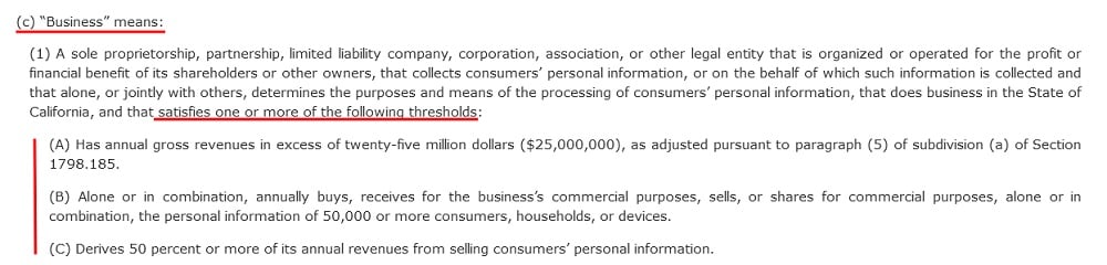 CCPA full text Section 1798 140 C - Definition of Business with CPRA update