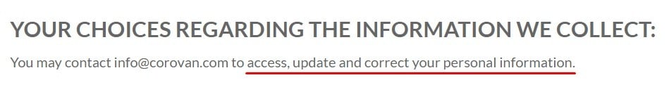 Corovan Privacy Policy: Choices regarding the information we collect clause excerpt