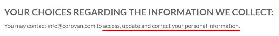 Corovan Privacy Policy: Choices regarding the information we collect clause excerpt